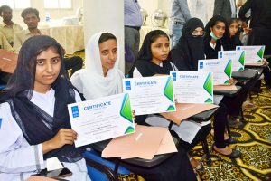 Bishop Samson Shukardin awards certificates to trained students during the graduation ceremony of Cohort One under the project “Economic Empowerment of Marginalized Communities through Strengthening Technical and Skilled Sector in Punjab and Sindh”, organized by The Hunar Foundation at Ashraf Khatoon Technical Institute.