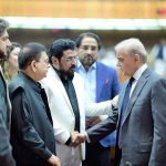 Prime Minister Muhammad Shehbaz Sharif meets MNAs during the budget session of the National Assembly.