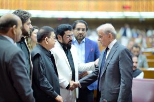 Prime Minister Muhammad Shehbaz Sharif meets MNAs during the budget session of the National Assembly.