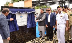 Maritime Minister Muhammad Junaid Anwar Chaudhry addresses the inauguration ceremony of a solar project at KPT Izhar Abbasi Hospital, Keamari area.