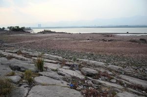 A view of Rawal Lake with significantly reduced water levels, reflecting the impact of ongoing drought conditions in the Federal Capital