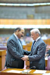 Prime Minister Muhammad Shehbaz Sharif meets MNAs during the budget session of the National Assembly.
