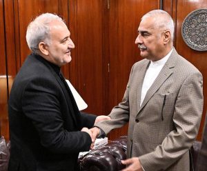 Ambassador of Iran, Dr. Reza Amiri-Moghadam, calls on Speaker National Assembly, Sardar Ayaz Sadiq, at Parliament House. Federal Minister for Interior Mohsin Naqvi and Deputy Speaker Syed Ghulam Mustafa Shah are also present.