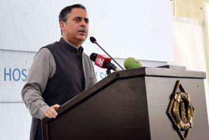 Maritime Minister Muhammad Junaid Anwar Chaudhry addresses the inauguration ceremony of a solar project at KPT Izhar Abbasi Hospital, Keamari area.