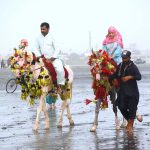 Despite the scorching heat, a family enjoys a horseback ride along the breezy coast of Seaview to enjoy a summer vacation by the sea