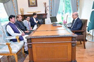 Member National Assembly Iftikhar Nazir calls on Prime Minister Muhammad Shehbaz Sharif, on 17 June, 2025; Federal Minister for Public Affairs Unit Rana Mubashar Iqbal and Special Assistant to the PM Talha Barki are also present