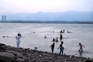 A view of Rawal Lake with significantly reduced water levels, reflecting the impact of ongoing drought conditions in the Federal Capital