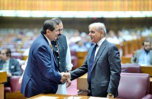 Prime Minister Muhammad Shehbaz Sharif meets MNAs during the budget session of the National Assembly.