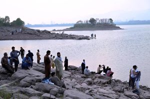 A view of Rawal Lake with significantly reduced water levels, reflecting the impact of ongoing drought conditions in the Federal Capital
