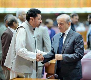 Prime Minister Muhammad Shehbaz Sharif meets MNAs during the budget session of the National Assembly.