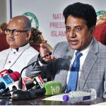 Senator Khalil Tahir Sandhu addressing a press conference at Press Club