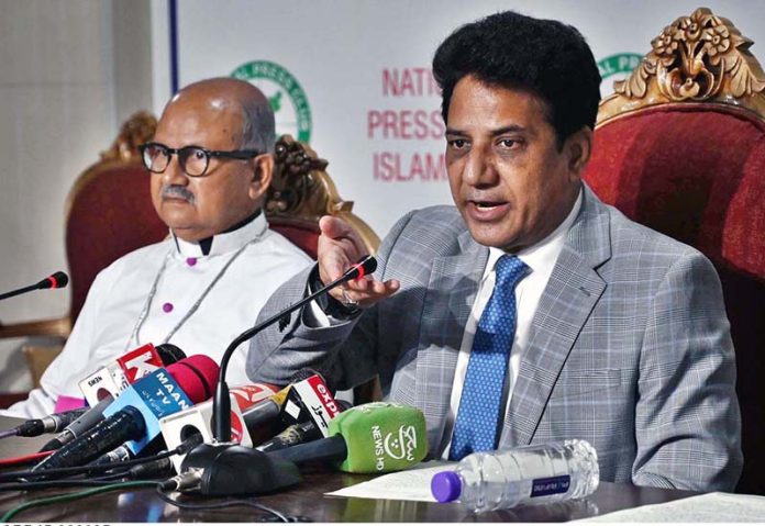 Senator Khalil Tahir Sandhu addressing a press conference at Press Club