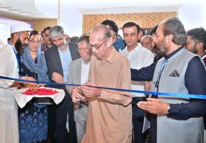 MPA Chaudhry Faisal Ikram, Sheikh Riazuddin (Chairman SIMAP), and Zeeshan Tariq inaugurate the Technology and Innovation Summit 2025 at a private marquee
