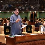 Sindh Chief Minister Syed Murad Ali Shah speaks on the floor of the provincial Assembly during the budget session