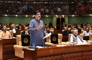 Sindh Chief Minister Syed Murad Ali Shah speaks on the floor of the provincial Assembly during the budget session