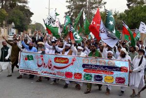 Workers of Sunni Ulema Council participate in a rally to observe Youm-e-Shahadat of Hazrat Umar (R.A) on the first of Muharram-ul-Haram in front of the Press Club.