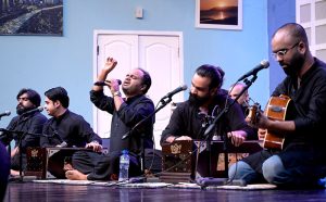 A Qawwal group thrills the audience at the event ‘A Qawwal Night’ organized by the Ministry of Federal Education and Professional Training, National Heritage and Culture Division in collaboration with the Pakistan Council of the Arts at the PNCA Auditorium.