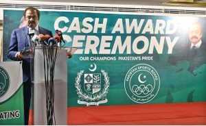 Advisor to Prime Minister for Inter-Provincial Coordination (IPC), Rana Sanaullah Khan addressing the Cash Awards & Grant Distribution Ceremony Pakistan Sports Board at a local hotel.