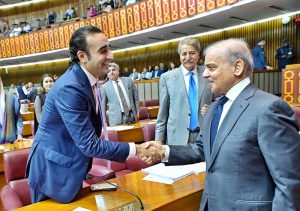 Prime Minister Muhammad Shehbaz Sharif meets Chairman Pakistan People's Party Bilawal Bhutto Zardari during the budget session in the National Assembly.