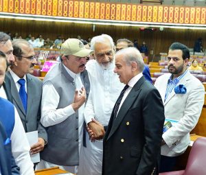 Prime Minister Muhammad Shehbaz Sharif interacts with Members of the National Assembly during the budget session