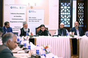 Federal Minister for IT, Shaza Fatima Khawaja, delivers a keynote address at the PSARB Industry Roundtable on Satellite Communications Regulation in Pakistan.