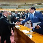 Prime Minister Muhammad Shehbaz Sharif interacts with Members of the National Assembly during the budget session
