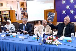 Senator Mushahid Hussain Syed, President for PAIDAR, presenting the Pakistan-Africa relationship report while addressing an event celebrating Rwanda's Liberation Day at the Institute of Strategic Studies, Islamabad. The event was organized in collaboration with the Pakistan Africa Institute for Development and Research (PAIDAR).