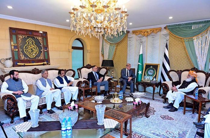 Prime Minister Muhammad Shehbaz Sharif meets with President of Jamiat Ulema -e- Islam (F) Maulana Fazal-ur-Rehman