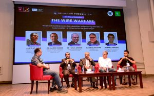 Speaker and panelists discussing on The Wire Warfare during the conference titled 'Beyond the Firewall 3.0 : Cybersecurity Conference 2025' co-organized by National CERT, Yottabyte, and IBA-CICT.