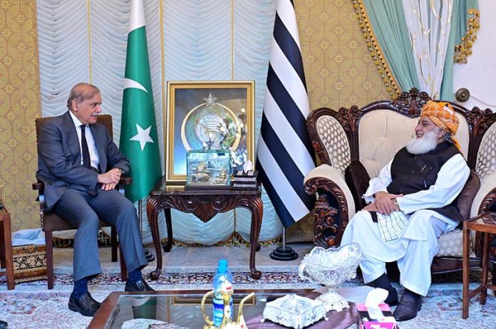 Prime Minister Muhammad Shehbaz Sharif meets with President of Jamiat Ulema -e- Islam (F) Maulana Fazal-ur-Rehman