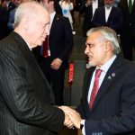 Deputy Prime Minister and Foreign Minister, Senator Mohammad Ishaq Dar shaking hands with Turkish President Recep Tayyip Erdogan, on the occasion of the Islamic Cooperation Youth Forum’s (ICYF), Grand Youth Award Ceremony, honouring Turkish President