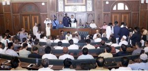 Mayor Karachi, Barrister Murtaza Wahab is presenting the budget for the financial year 2025-26 in the meeting of the MC Council.
