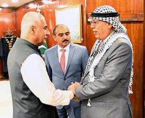 Ambassador of Palestine Dr. Zuhair Mohammad Hamdallah Zaid calls on Speaker National Assembly Sardar Ayaz Sadiq at Parliament House.