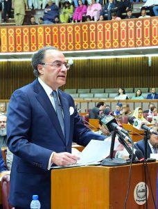 Federal Minister for Finance and Revenue, Senator Muhammad Aurangzeb, presenting the Federal Budget 2025-26 in the National Assembly