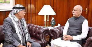 Ambassador of Palestine Dr. Zuhair Mohammad Hamdallah Zaid calls on Speaker National Assembly Sardar Ayaz Sadiq at Parliament House.