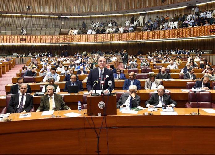 Federal Minister for Finance and Revenue, Senator Muhammad Aurangzeb, presenting the Federal Budget 2025-26 in the National Assembly