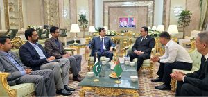 Chairman Senate Syed Yousaf Raza Gillani exchanging views with Turkmenistan's Vice Chairman of the Mejlis, Mr. Gahryman Rozyyew before leaving for Pakistan, Friendship Parliamentary Group Chairman, Mr. Annamuhammet Sarvjayev and Chargé d' Affaires, Mr. Adnan Zahoor are also presenet on the eve.