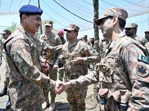 Field Marshal Syed Asim Munir, NI (M), Chief of Army Staff (COAS) interacting with troops while visiting forward positions along the Line of Control (LOC) to celebrate the Eidul Azha with frontline troops