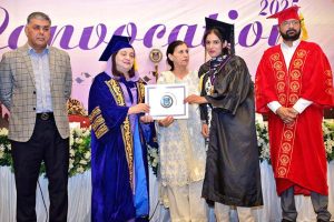 Chairman Punjab Land Records Authority Chaudhry Tariq Subhani and Vice Chancellor Dr. Shazia Bashir (GCWUS) distribute certificates among students during the 6th convocation of Government College Women University, at a private marquee