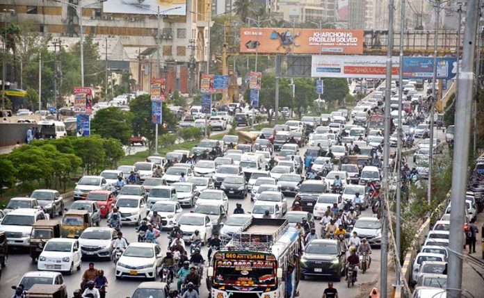 A view of massive traffic jam on Shahrah-e-Faisal during peak hours