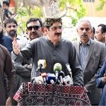 Sindh Chief Minister Syed Murad Ali Shah speaks to the media during his visit to the Mazar of Sufi Saint Abdullah Shah Ghazi
