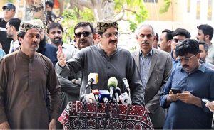 Sindh Chief Minister Syed Murad Ali Shah speaks to the media during his visit to the Mazar of Sufi Saint Abdullah Shah Ghazi
