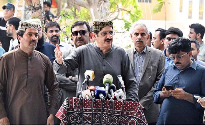 Sindh Chief Minister Syed Murad Ali Shah speaks to the media during his visit to the Mazar of Sufi Saint Abdullah Shah Ghazi