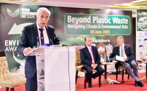 Federal Minister for Board of Investment (BOI), Qaiser Ahmed Sheikh speaking at the conference Beyond Plastic Waste organized by Devcom-Pakistan to mark World Environment Day.