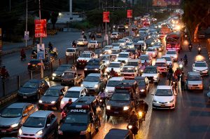Traffic comes to a standstill in the provincial capital as light rain during the monsoon season causes congestion on major roads.
