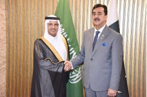 Chairman Senate, Syed Yousuf Raza Gilani in a meeting with Major General (R) Dr. Abdulrahman Al-Harbi, the Head of the Saudi delegation of Saudi-Pakistan Parliamentary Friendship Group at Parliament House.