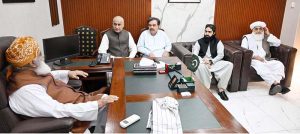 Speaker National Assembly Sardar Ayaz Sadiq in a meeting with President of Jamiat Ulema-e-Islam (F) Maulana Fazal-ur-Rehman at Parliament House. Governor Balochistan Jaffar Khan Mandokhail is also present
