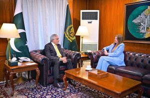 British High Commissioner to Pakistan, Jane Marriott calls on the Deputy Prime Minister and Foreign Minister, Senator Mohammad Ishaq Dar.