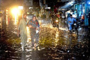 A view of heavy rain shower in the city.