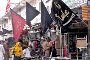 Shopkeepers displays Muharram ul Haram processions-related stuff to attract the customers in Provincial Capital City.